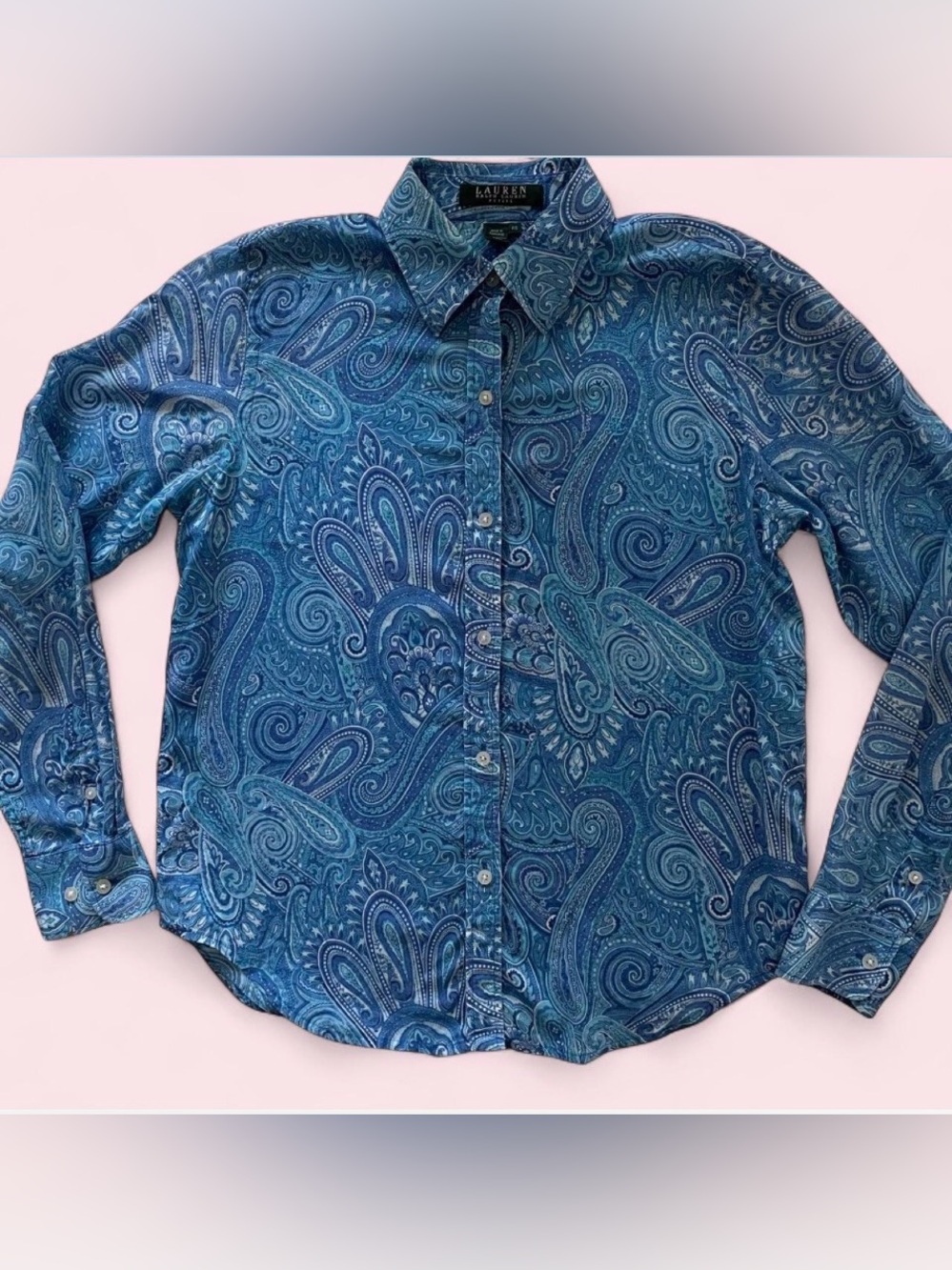 Vintage Y2K Ralph Lauren Petite Small Blue Paisley 100% Cotton Button-Up Shirt
